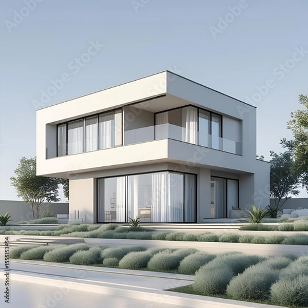 Fototapeta Modern residential architecture featuring a house with a garden and sky views, showcasing its urban exterior design and contemporary construction