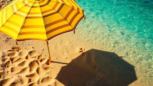 Obraz A vibrant, sunny beach scene featuring a large yellow and brown striped beach umbrella, casting dark shadows on the golden sand. The sand is adorned with footprints and small pebbles.