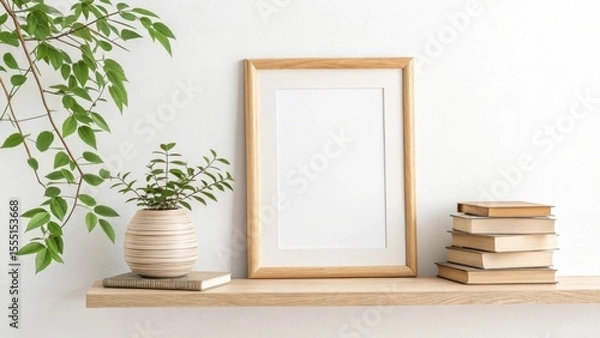 Fototapeta Picture frame with plant and books on a shelf against white wall