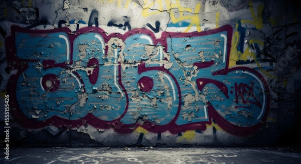 Fototapeta Blue and Maroon Graffiti on a Cracked Wall, Urban Decay Graffiti Art on a Crumbling Concrete Wall in a Dark Environment