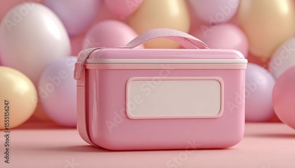 Fototapeta Photo of a pink lunchbox with an empty white label, surrounded by pastel-colored balloons on a soft background. Web banner with copy space in the right bottom corner.