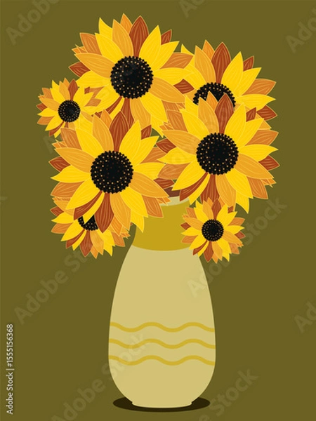 Fototapeta Bouquet of sunflowers in an elegant vase on a green background isolated. Vector