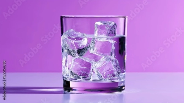 Obraz Glass of water with ice cubes on purple background