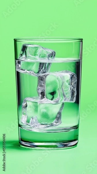 Obraz Glass of water with ice cubes against vibrant green background
