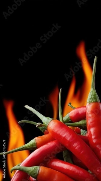 Obraz Red chili peppers with flames against black background