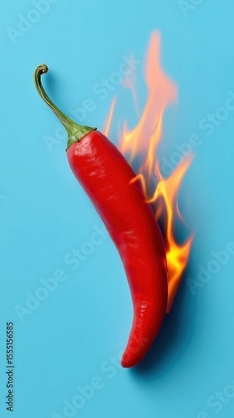 Obraz Fiery red chili pepper with flames on blue background