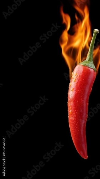 Obraz Fiery red chili pepper on black background with flames