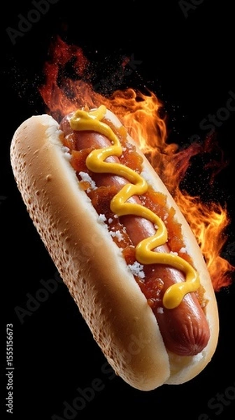 Obraz Flaming hot dog with mustard and onion relish against black background