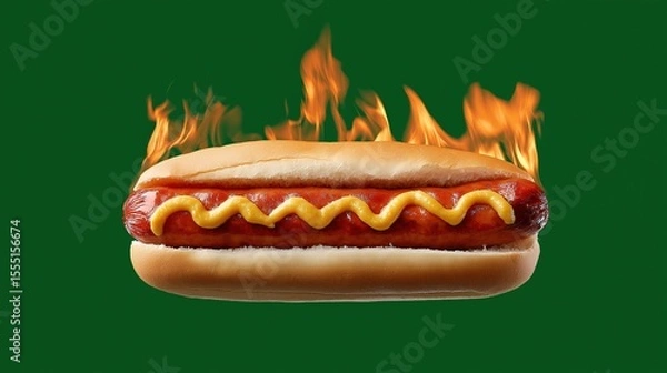 Obraz Spicy hot dog with flaming mustard on green background