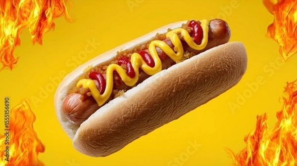 Obraz Delicious hot dog with mustard and ketchup on fiery background