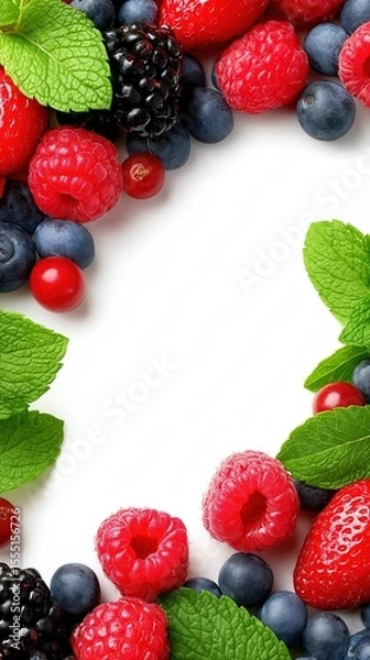 Obraz Assorted berries and mint leaves arrangement on white background