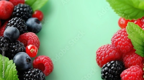 Obraz Fresh berries and green leaves on green background