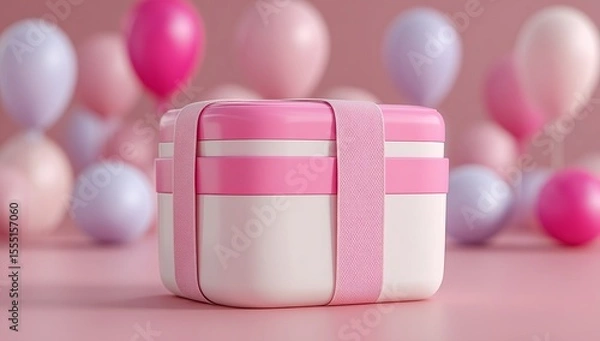 Fototapeta Photo of a pink lunchbox with an empty white label, surrounded by pastel-colored balloons on a soft background. Web banner with copy space in the right bottom corner.