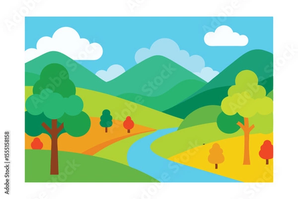 Fototapeta Serene Autumn Landscape River Valley, Rolling Hills, and Colorful Trees