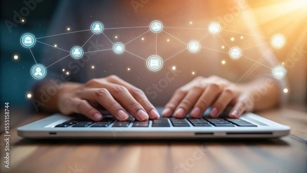 Fototapeta Hands typing on a laptop keyboard with network connection overlay
