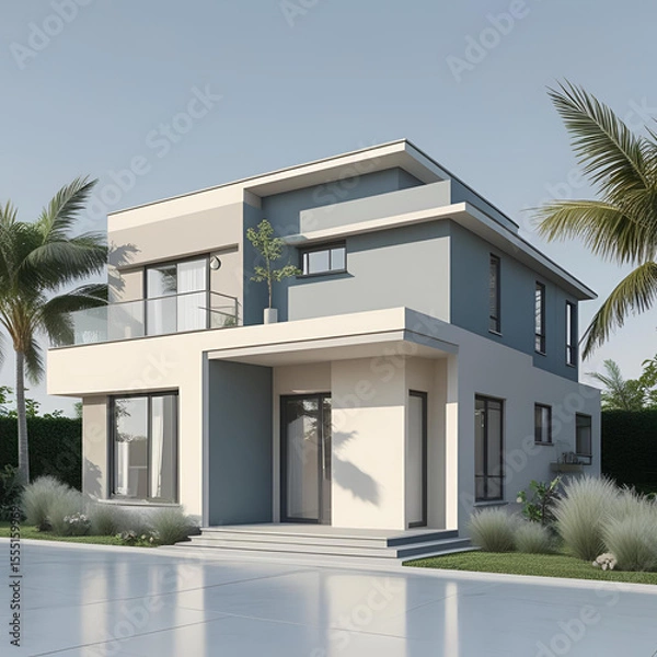 Fototapeta Modern white house with palm trees and a clear sky, featuring a luxurious residential exterior with large windows and a balcony