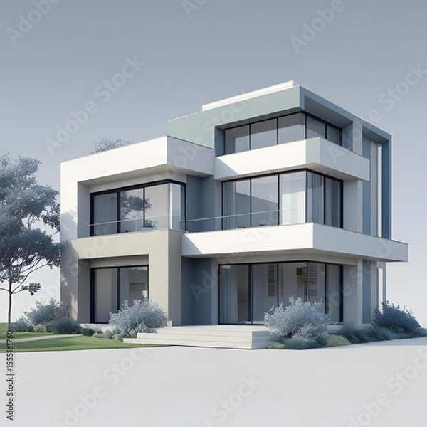 Fototapeta Modern residential architecture: a luxurious white house with large windows and a striking roof under a clear winter sky, surrounded by snow