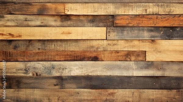 Fototapeta Rustic wooden wall with various shades and textures of reclaimed wood planks.