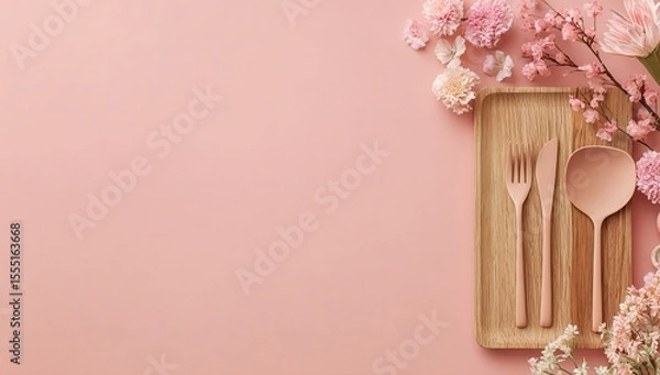 Fototapeta A pink-colored square drawing board sits next to an irregular wooden knife and a set of three kitchen spoons on the table. On one side of the picture, there is a vase with dried flowers. 