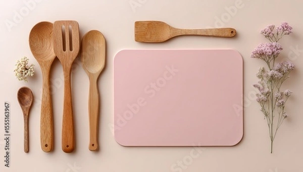 Fototapeta A pink-colored square drawing board sits next to an irregular wooden knife and a set of three kitchen spoons on the table. On one side of the picture, there is a vase with dried flowers. 