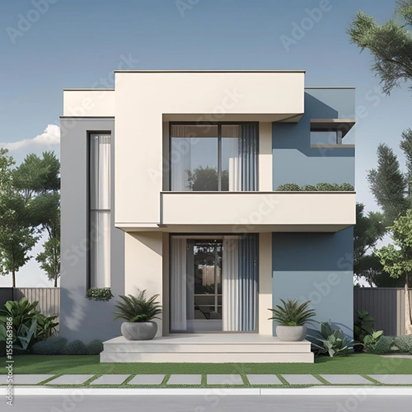 Fototapeta Modern residential architecture featuring a house exterior with a garden and a balcony adorned with flowers under a blue sky
