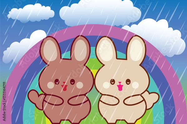 Fototapeta Two adorable Rabbits Under A Rainbow In The Rain