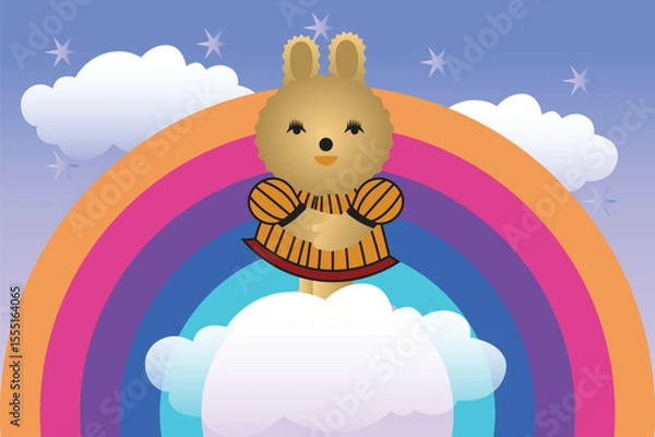 Fototapeta A Cute Bunny Floating On A Cloud Over A Rainbow