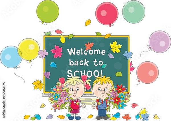 Obraz Happy little schoolboy and schoolgirl first graders with schoolbags and beautiful bouquets of colorful flowers at a holiday of school bell before start of classes in primary school, vector cartoon