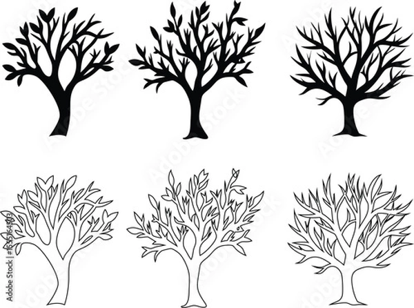 Fototapeta Tree silhouette, outline, and flat icon set. Perfect for eco design, nature apps, or landscaping visuals.