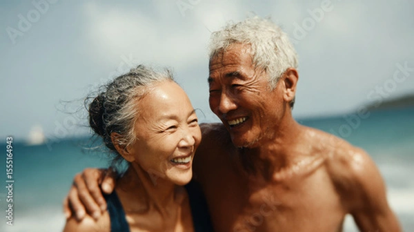Obraz Happy elderly Asian couple embraces while laughing on a sunny beach