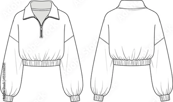Fototapeta Cropped pullover sweatshirt front and back view, zipper collar top, fashion flat sketch, technical drawing, vector apparel template for activewear, casualwear illustration