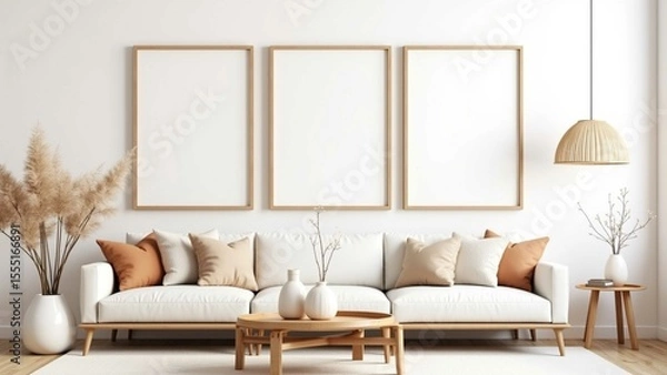 Fototapeta Modern living room with white sofa, beige pillows, and three empty vertical frames on a white wall. Stylish, minimalist, perfect for wall art mockup and home decor design.
