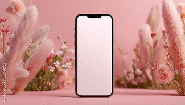 Fototapeta Photo of a phone with an empty screen mockup on a pastel pink background, surrounded by subtle decorative elements like pampas grass and tiny flowers. Web banner style with copy space to the right 