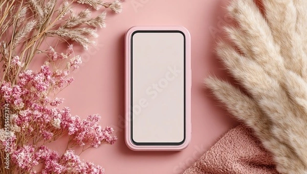 Fototapeta Photo of a phone with an empty screen mockup on a pastel pink background, surrounded by subtle decorative elements like pampas grass and tiny flowers. Web banner style with copy space to the right 