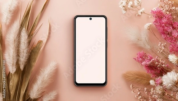 Fototapeta Photo of a phone with an empty screen mockup on a pastel pink background, surrounded by subtle decorative elements like pampas grass and tiny flowers. Web banner style with copy space to the right 