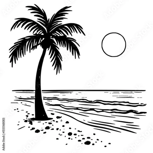 Fototapeta Modern Minimalist Beach Icon with Elegant Black Line Vector on Pure White Background Showcasing Precise Wave Contours