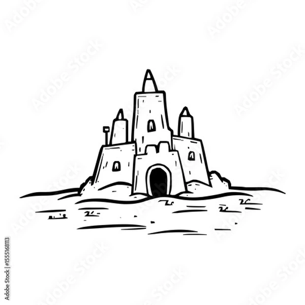 Fototapeta Detailed Illustration of a Minimalistic Sand Castle Icon with Clean Vector Lines and Bold Black Outlines Against a Crisp White Background