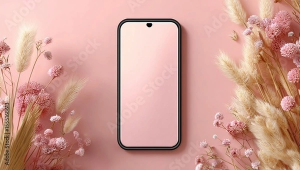 Fototapeta Photo of a phone with an empty screen mockup on a pastel pink background, surrounded by subtle decorative elements like pampas grass and tiny flowers. Web banner style with copy space to the right 