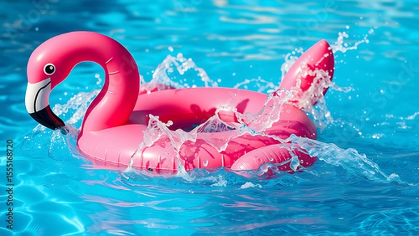 Obraz A bright pink flamingo inflatable float stands on clear blue water, clearly showing the flamingo's head and neck. The float has a cheerful cartoon appearance, with large, expressive eyes and a black 