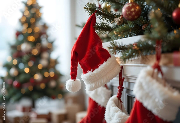 Fototapeta Red Santa Claus hat and sock hanging under christmas tree in the house, Christmas stockings