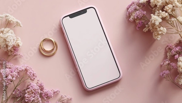 Fototapeta Photo of a phone with an empty screen mockup on a pastel pink background, surrounded by subtle decorative elements like pampas grass and tiny flowers. Web banner style with copy space to the right 