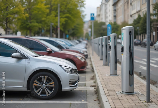 Fototapeta Public parking along the street with charging points for electric vehicles