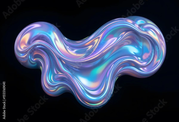 Fototapeta Bold holographic liquid blob shape isolated. Iridescent wavy melted substance on black background