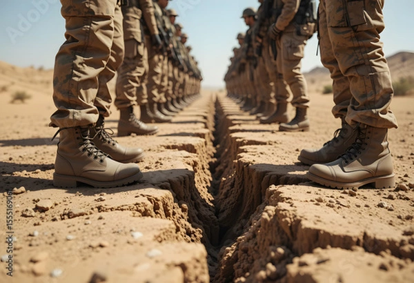 Fototapeta Close-up of soldiers in combat boots facing each other across deep ground crack in desert area. Concept of war tension, division and military confrontation in conflict zones