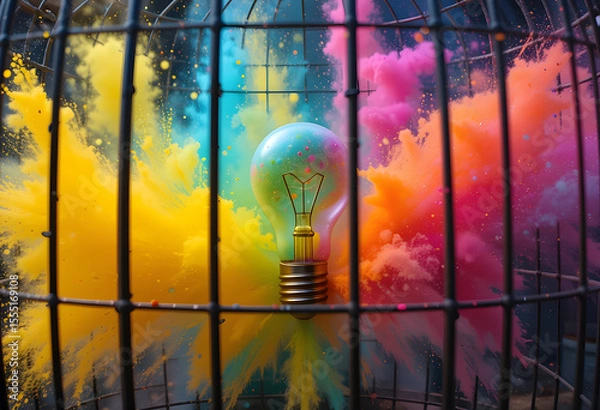 Fototapeta Colourful Holi powder explosions inside of a cage. Concept of idea in a cage