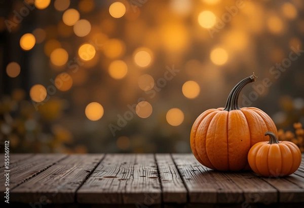 Fototapeta Halloween, orange pumpkins on a wooden table on a bokeh glowing background, copy space