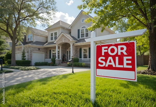 Fototapeta House for sale. A stunning real estate photograph of a suburban home with a for-sale sign in the yard, indicating that the property has already been sold