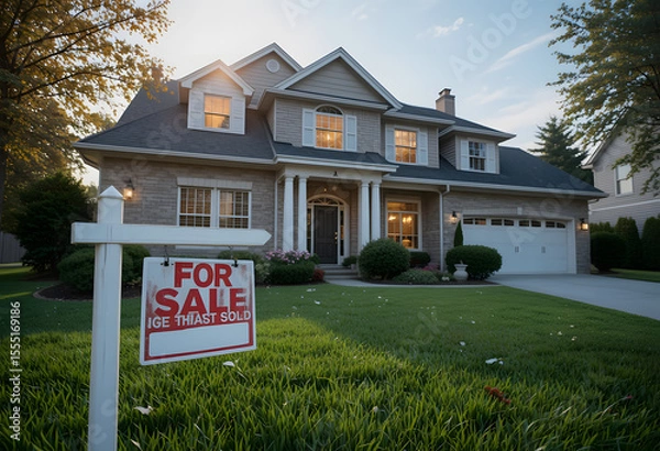 Fototapeta House for sale. A stunning real estate photograph of a suburban home with a for-sale sign in the yard, indicating that the property has already been sold