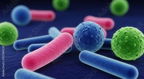 Fototapeta Microscopic view of colorful bacteria cells in blue background