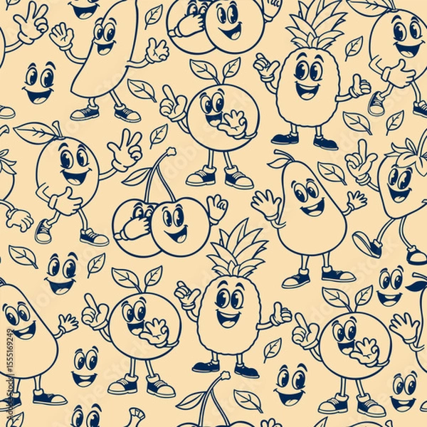 Fototapeta Vector seamless pattern with groovy retro cartoon fruits